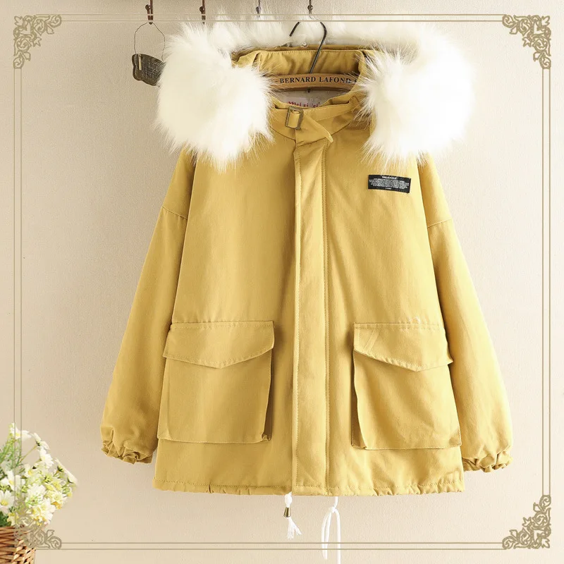 

Women's Winter Coat 2019 Autumn And Winter Fashion College Style Hipster Labeling Rabbit Fur Large Fur Collar Cotton-padded Clot