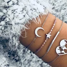 4 шт./компл. в богемном стиле, в стиле ретро с изображением Луны и звезд, карта сердце цепочка браслет набор Для женщин очаровательные вечерние ювелирные изделия аксессуары Прямая