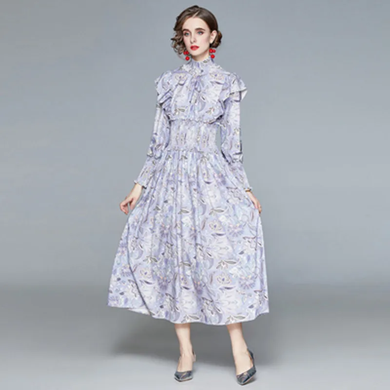 

Luxuriy Women Autumn Purple Print Long Dress Sweet Stand Collar Ruffles Elastic Waist Femme Temperament Dress Vestidos