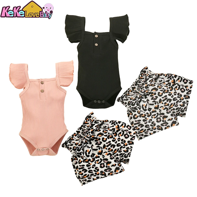 Baby Clothing Set classic Summer Baby Girl Clothes Set Fashion Print Ruffle Romper Tops Leopard Shorts Headband For Newborn Infant Clothing Outfit 3Pcs Baby Clothing Set classic