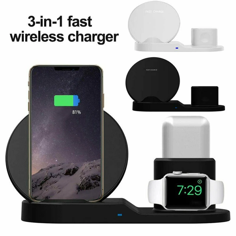 

3 in 1 10W Qi Fast Wireless Charger Dock Stand for Apple iPhone 8 Xs Max XR Watch Airpods Samsung S10 S9 S8