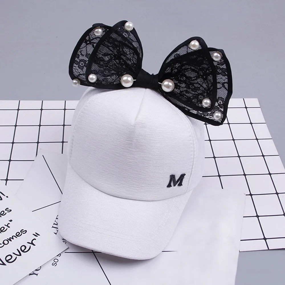Girls baseball cap sun hat M letter Pearl pearl big bow Cute children cap Spring Summer Girls Hip Hop Caps Kids Sun Hat