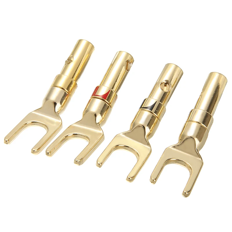 

4pcs/pack Banana Plug Conenctors Type Y Fork Spade Speaker Plugs Gold Plated Audio Cable Terminal Connector Adapter