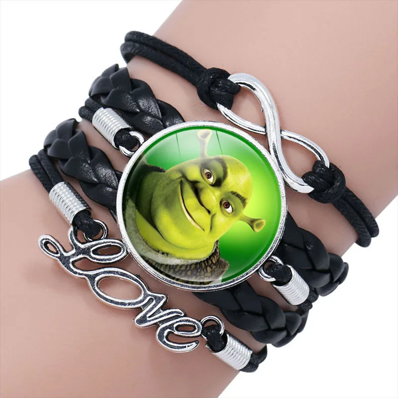 Cartoon Shrek Wide Leather Bracelet Infinity Love Classic Movie Handmade Multilayer Glass Cabochon Bracelets Wristband Jewelry | Украшения