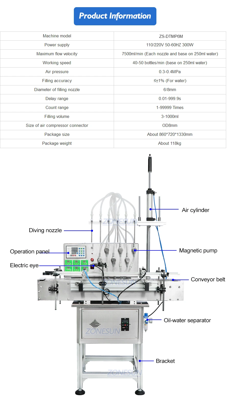 ZONESUN ZS-DTMP6M Automatic 6 Diving Nozzles Magnetic Pump Liquid Filling Machine With Bracket