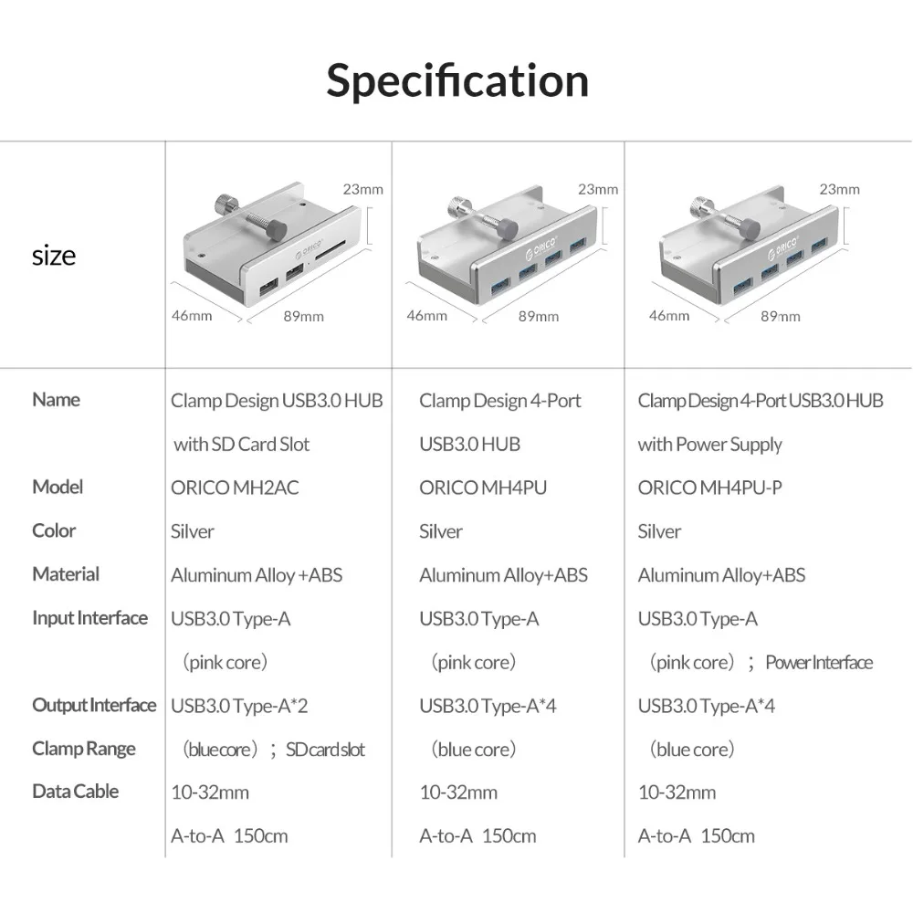 Алюминиевый Концентратор ORICO с 4 портами USB 3,0 с зажимом и считывателем sd-карт для настольного ноутбука, диапазон зажимов 10-32 мм, кабель с датой 100 см