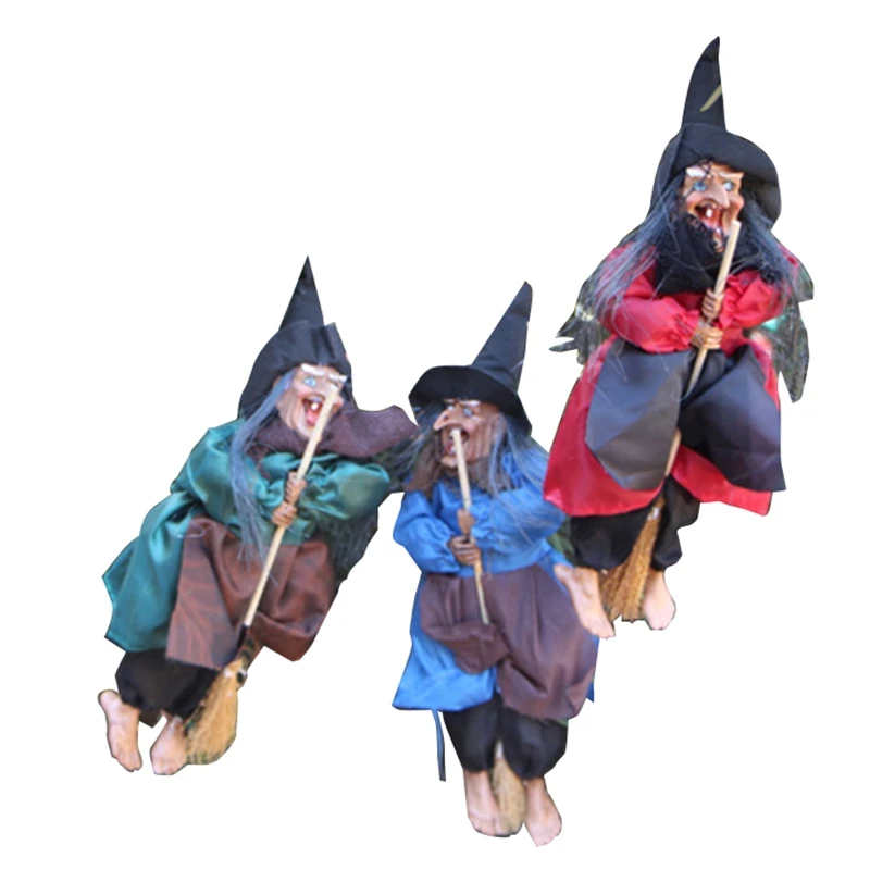 

3Pcs Halloween Hanging Witch Dolls Voice Control Prop Animated Ghost Scary Riding Broom Wall Hang Party Outdoor Home Decoration