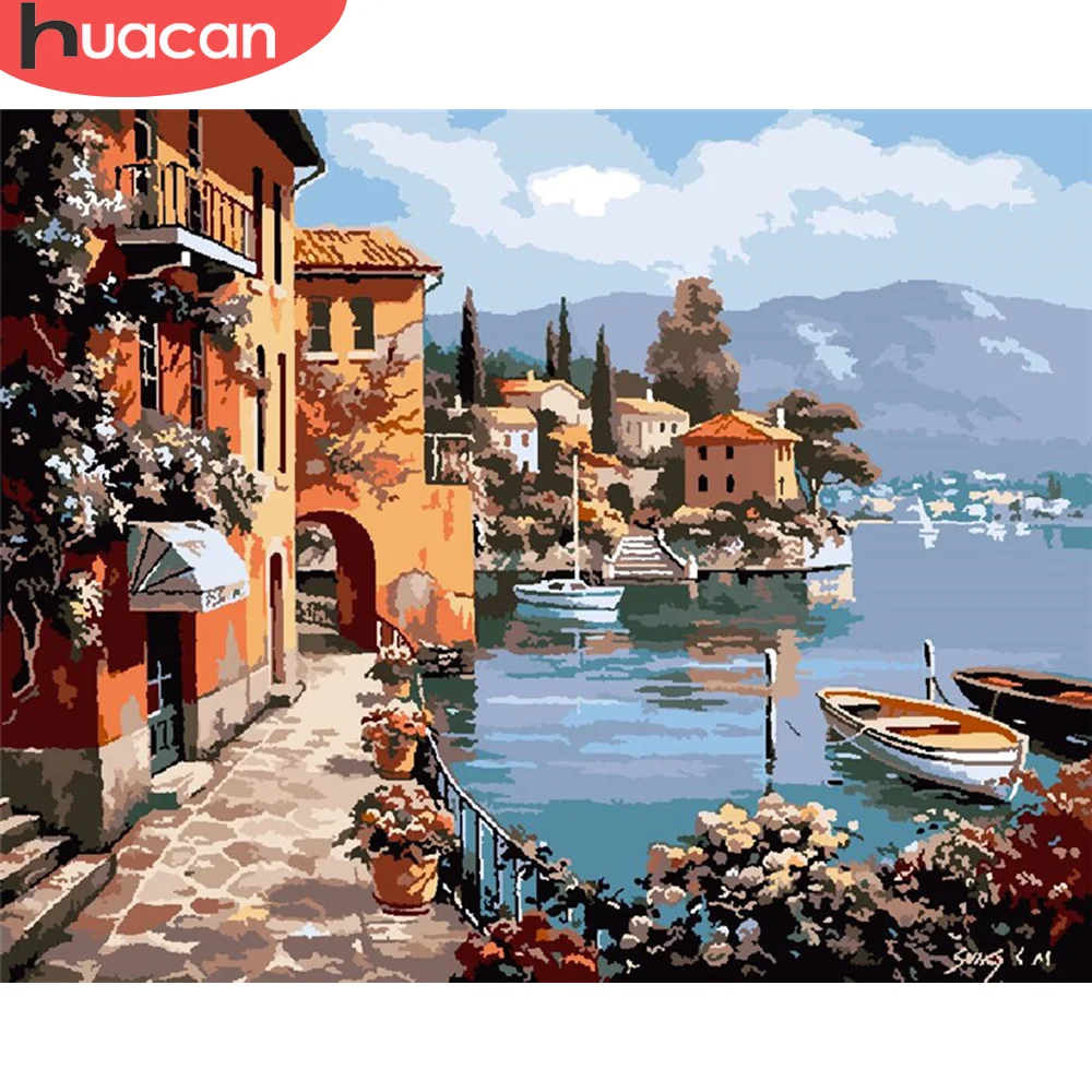 HUACAN картина маслом по номерам Дом DIY фотографии наборы ракушек ручная роспись