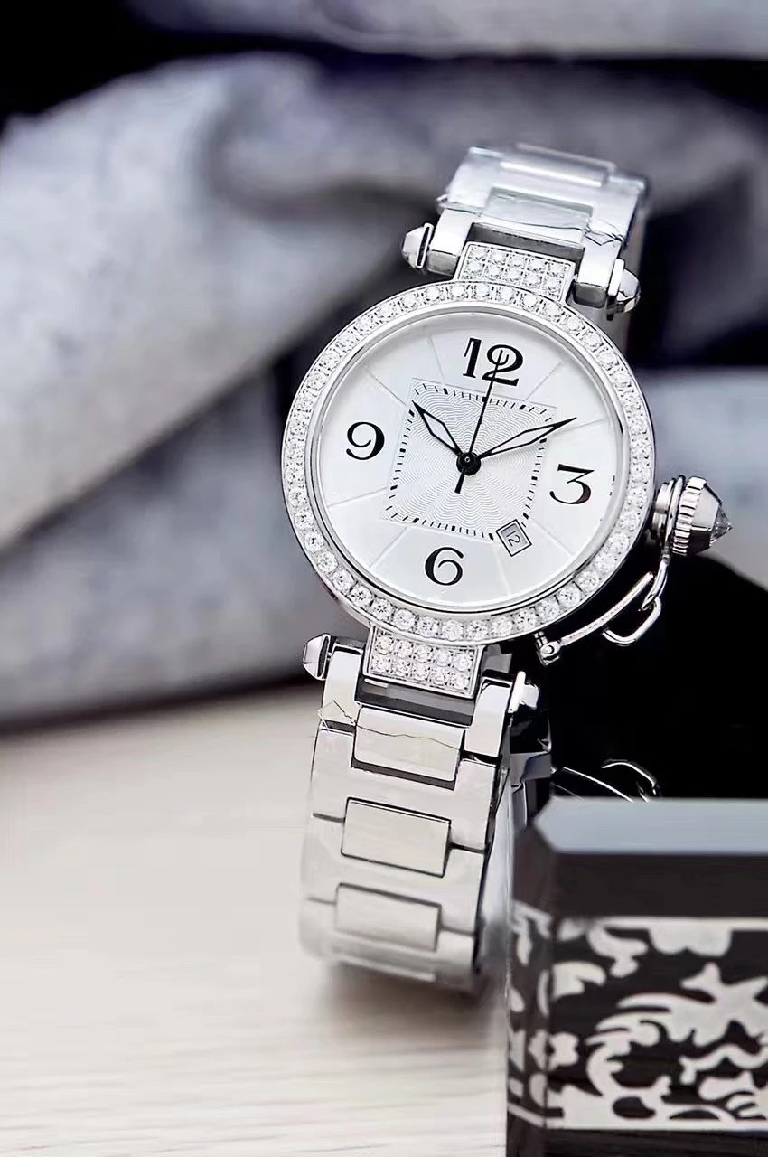 

Luxury Brand New Men Women Silver White Number Diamonds Bezel Watch Sapphire Stainless Steel Watches Fashion Sport Bracelet