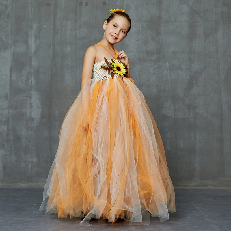 Autumn Scarecrow Girls Tutu Dress Set Kids Halloween Tulle Scare Crow Costume Fall Colored Flower Children Wedding Couture Dress (5)