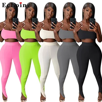 

Women's Spaghetti Straps One-Shoulder Wrap-around Fishtail Pants Sports Suit Solid Color Gym Biker Suit Fitness Jogger Tracksuit