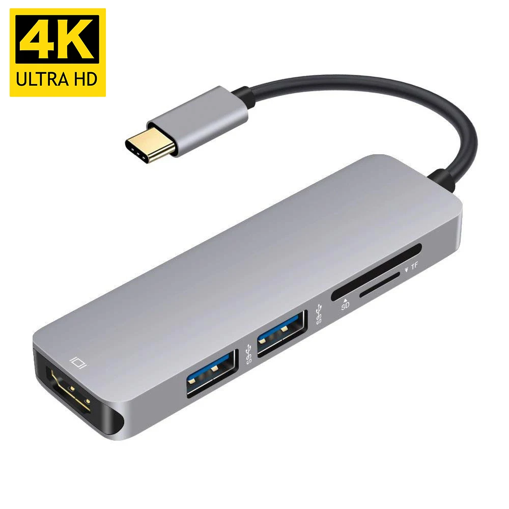 

4K 30Hz 1080P Video Output Type C Hub Adapter for MacBook USBC to HDMI 2 USB 3.0 5Gbs SD TF Card Slot