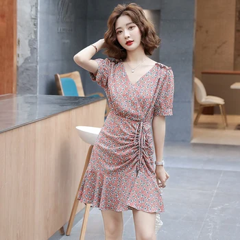

2020 New Elegant Polka Dot Ruffle Wrap Dress Women Short Sleeve Asymmetrical Dress Summer Sexy Slim V-Neck Female Dress