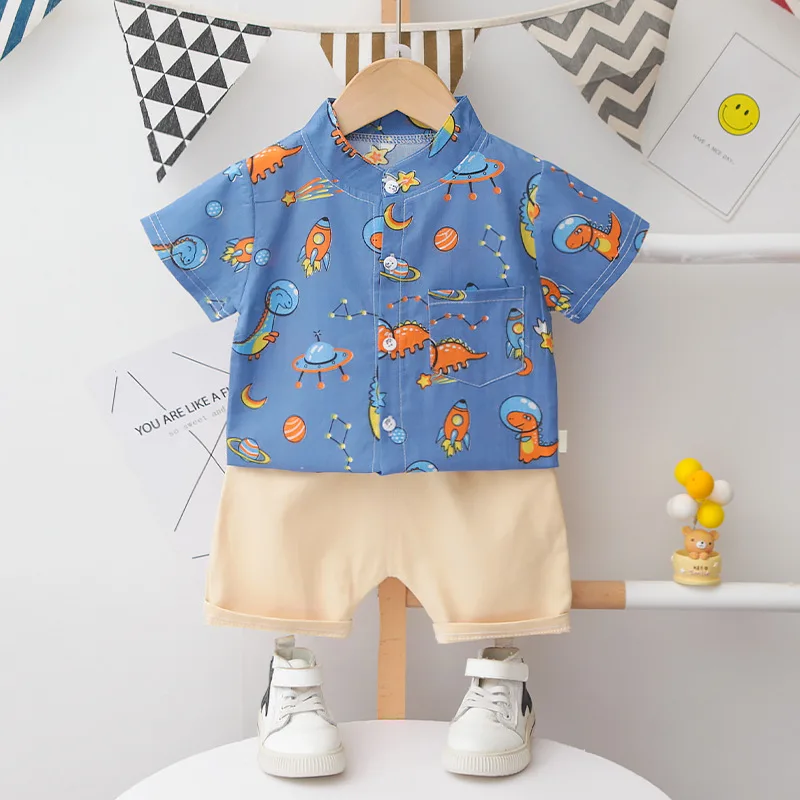 

Cute Dinosaur Cotton Boys Button Down Shirt Short Sleeve Summer Animal Print Shirt for Toddler Boy 1-5 Years Old