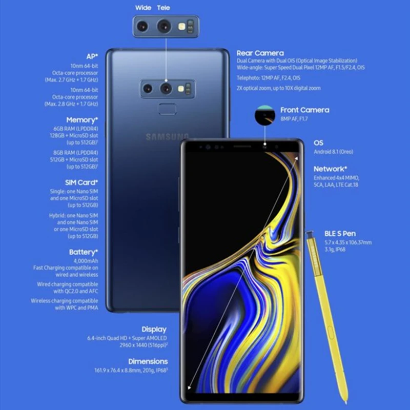 Samsung Galaxy Note9 US Version Note 9 N960U Mobile Phone 6.4\