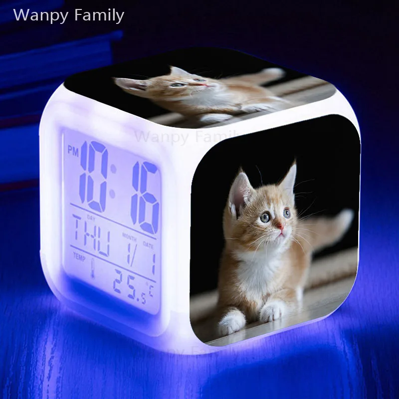 Very Cute Cat Alarm Clock 7 Color Glowing LED Digital Alarm Clock Kids