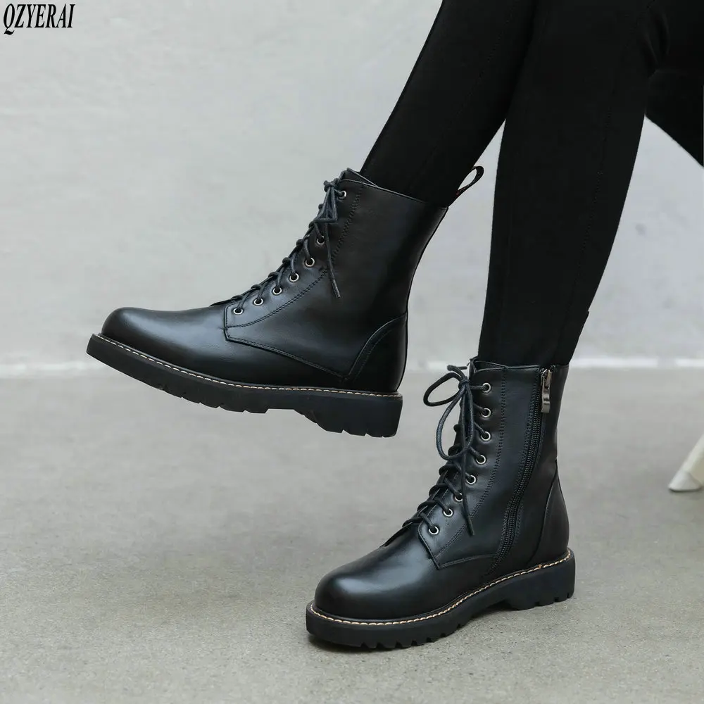 

Square heel Boots Genuine Cow Leather Women Autumn Winter Solid New Ladies Fashion Woman Black Cross-tied Round Toe Boots