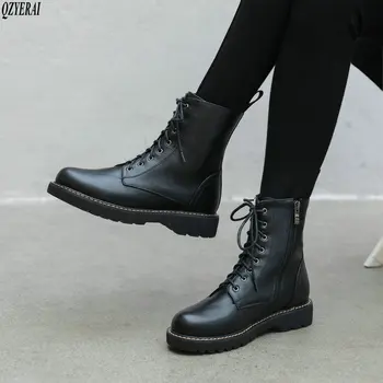 

Square heel Boots Genuine Cow Leather Women Autumn Winter Solid New Ladies Fashion Woman Black Cross-tied Round Toe Boots