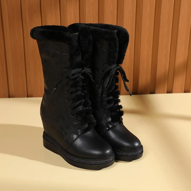 black ZVQ/Новые модные зимние сапоги; удобная женская обувь из натуральной кожи на высоком каблуке и платформе с перекрестной шнуровкой; Прямая поставка - Цвет: black
