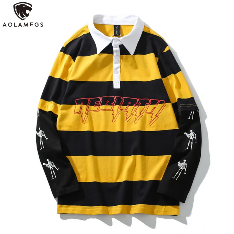 Aolamegs Sweatshirt Men Fake 2 Pieces Men Turn-down Collar Striped Print Pullover College Style Harajuku High Street Sweatshirt Aolamegs Sweatshirt Men Fake 2 Pieces Men Turn-down Collar Striped Print Pullover College Style Harajuku High Street Sweatshirt