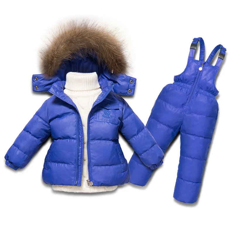 Детский лыжный костюм для маленьких мальчиков на русскую зиму Детская куртка на утином пуху для девочек, пальто, комбинезоны теплая куртка комплект для маленьких девочек - Цвет: blue
