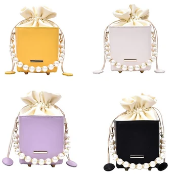 

Box Shape PU Leather Crossbody Bags for Women Drawstring Sweet Shoulder Handbags Pearl Handbag