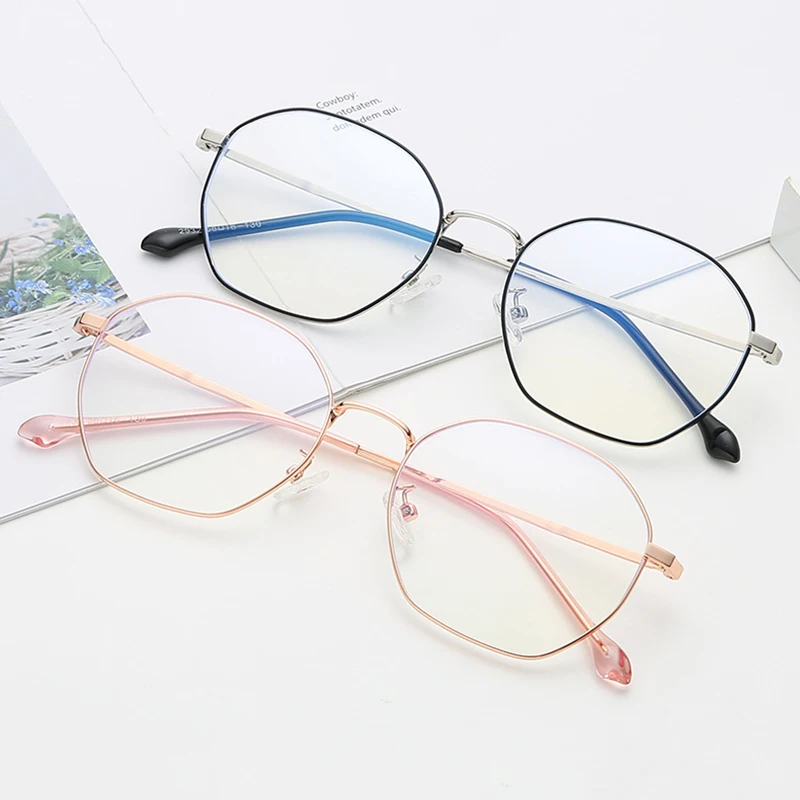 New metal anti-blue glasses retro polygon literary glasses frame men and women decorative simple flat mirror