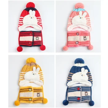 

2pcs/set Cute Plus Velvet Infant Hats Knitted Warm Rabbit Round Machine Caps Protects Ear Bonnet Baby Winter Caps + Scarf Suits