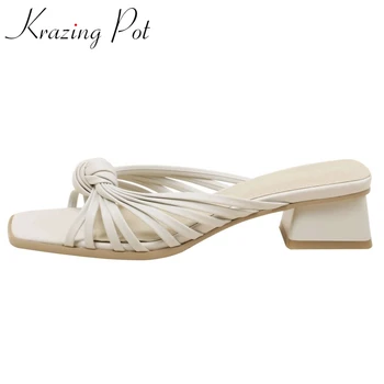 

Krazing pot superstar recommend simple style solid peep toe med heel slip on convenient shoes young lady daily sandals women L20
