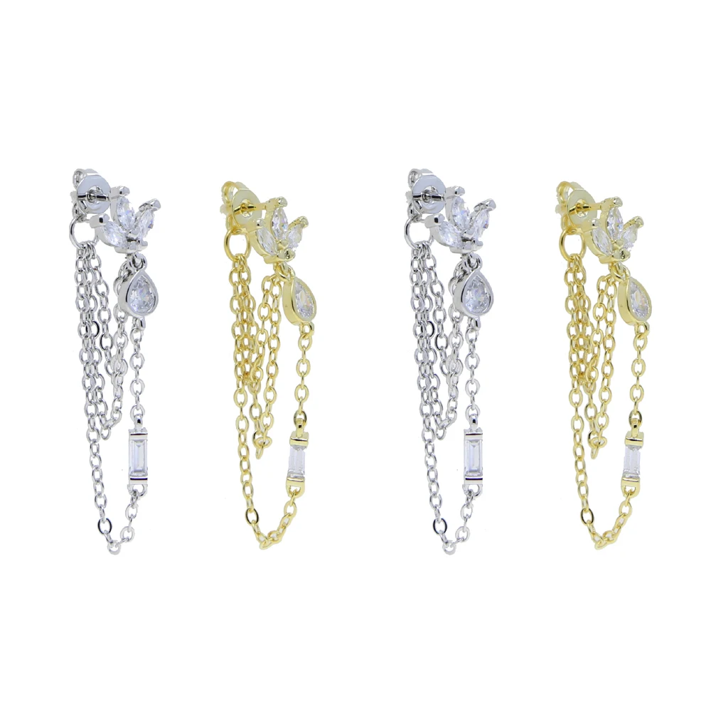 Fashion Tassel Chain Tear Drop CZ Romantic Women Earring Triple Row Cross Chain Multi Piercing Women Earrings drop earrings crystal earrings crystal tassel earrings cross earrings