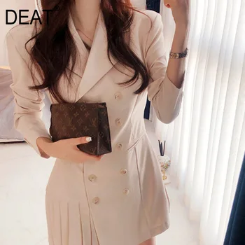 

[DEAT] 2020 Spring Summer New Arrivals Solid Notched Necking Knee-length Pleated Sweet Style Women Fashion Dress AW11200S