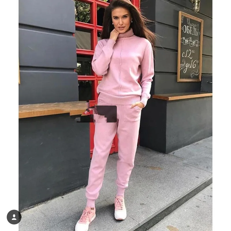 Cena FORERUN kobiety dwuczęściowy sweter strój sweter z golfem dziergany sweter i spodnie z dzianiny 2 sztuka jesienne garnitury i zestaw