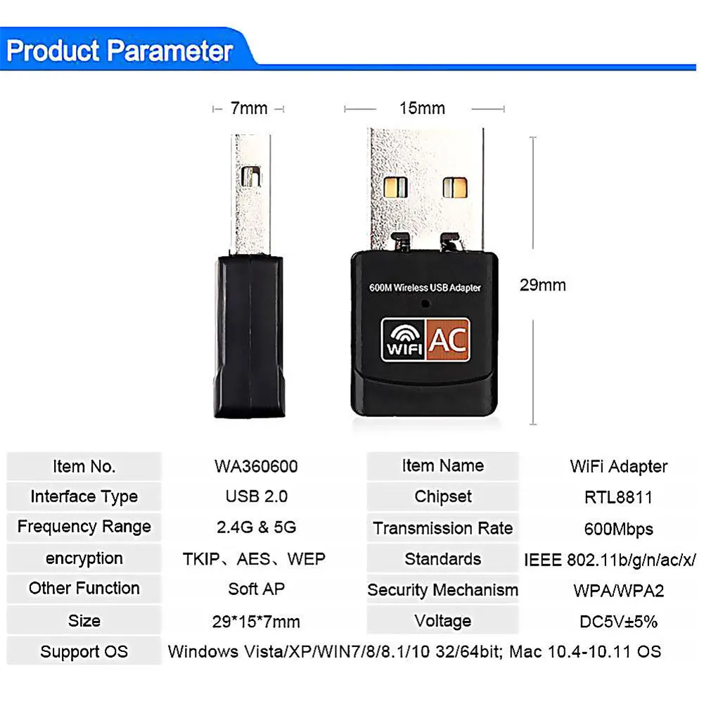600 Мбит/с двухдиапазонный USB WiFi ключ беспроводной адаптер LAN 802.11ac/a/b 5/2. 4 ГГц США