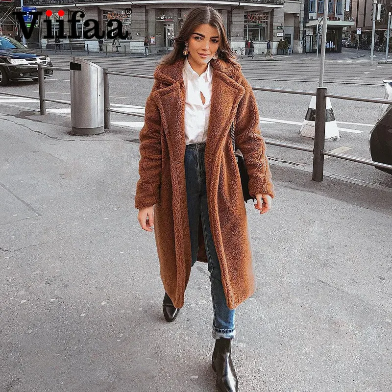 Viifaa коричневое повседневное зимнее длинное пальто с зазубренным воротником и карманом для женщин с открытым передом негабаритных теплых дам плюшевые пальто и верхняя одежда