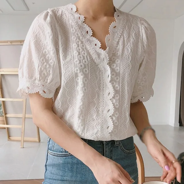 Office Ladies Lace Border Shirt Fashion 