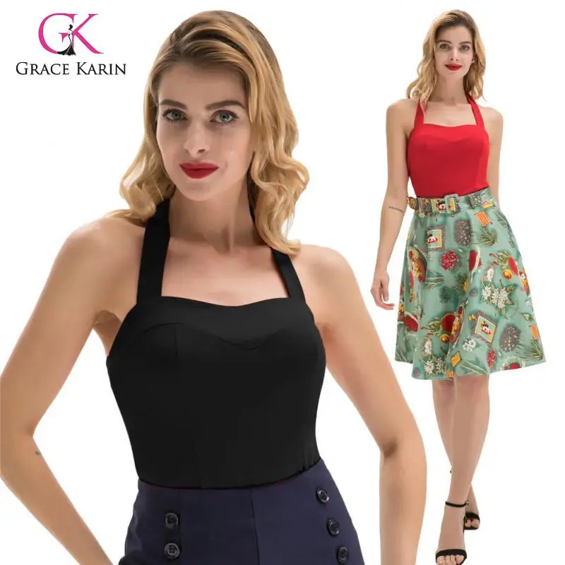Grace Karin, модные, сексуальные, женские, одноцветные, с открытой спиной, с лямкой на шее, топы, для девушек, спортивные, хлопковые, удобные, на бретельках, топы