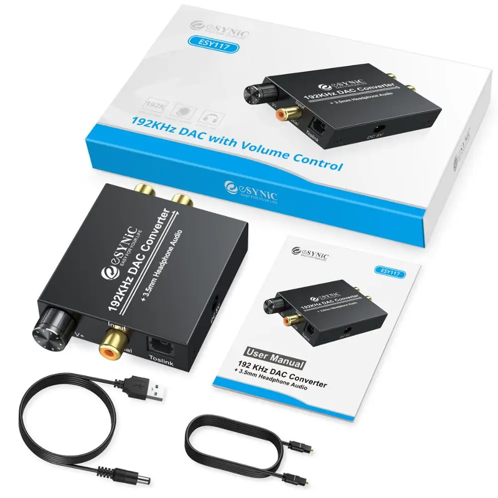 eSYNiC DAC Converter Coaxial Toslink to RCA Analog Audio 3 5mm Headphone Jack 192kHz Digital to Analog Converter Support PCM
