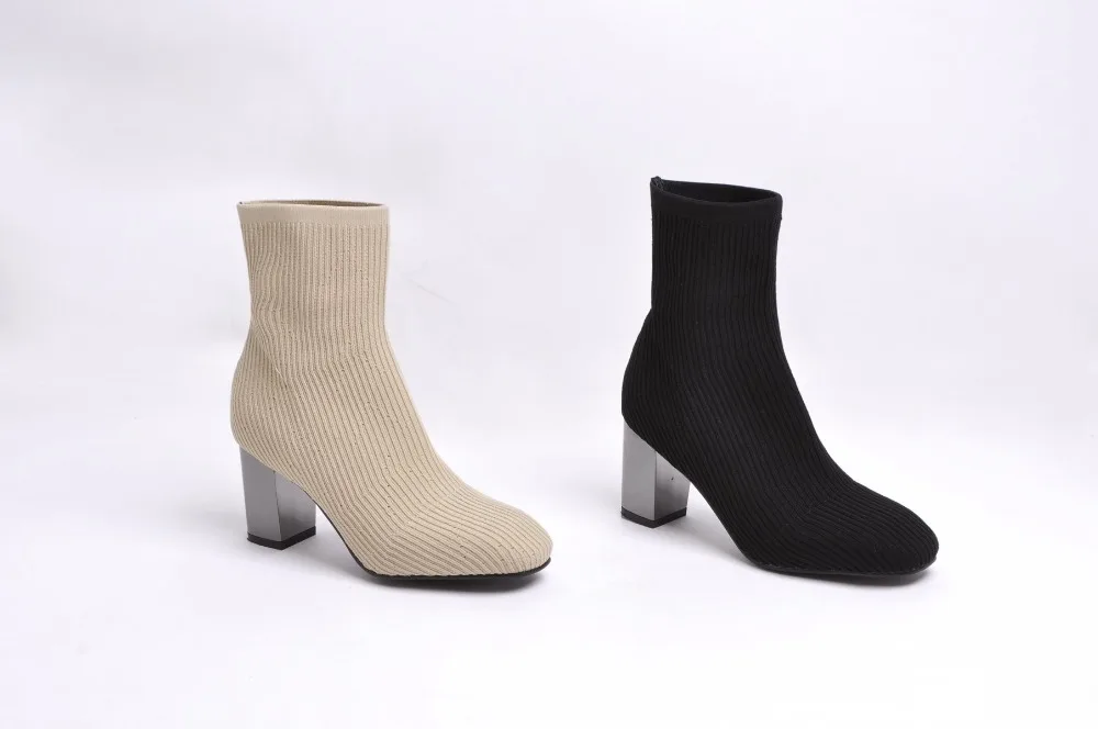 Г. Весенние модные женские Ботинки бежевые эластичные ботильоны с острым носком обувь на толстом каблуке осенне-зимние женские носки