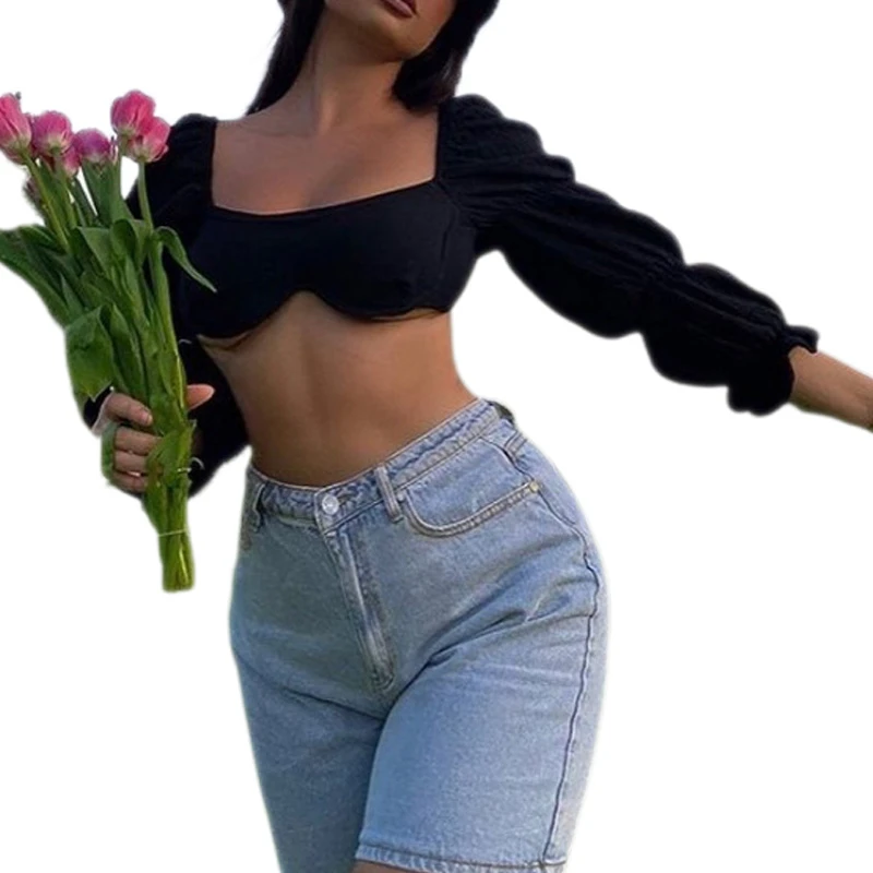 Women's Cropped Tops Long Sleeve Clothes Solid Color Puff Square Collar Tube Lady Spring Sexy T Shirt Slim Clubwear | Женская одежда