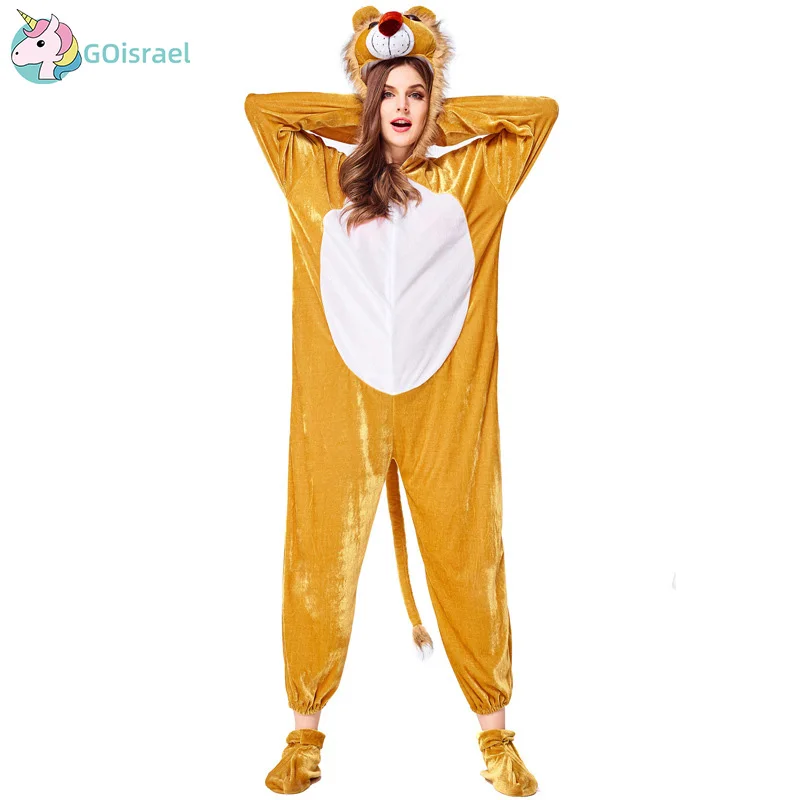 

Halloween neutral adult men and women wear cosplay animal play lion costume mouse with cap with foot cover jumpsuit party