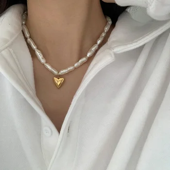 

MENGJIQIAO New Arrive Fashion Freshwater Pearl Choker Necklace For Women Elegant Metal Heart Short Collares Jewelry Kolye Gifts