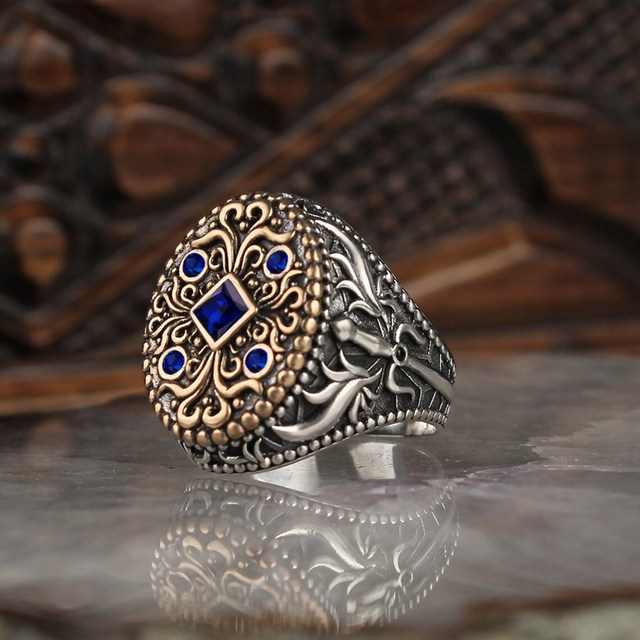 New Punk Muslim Jewelry Turkish Handmade Silver Color Men Rings Vintage Carved Eagle Pattern Dark Green Zircon Stone Rings