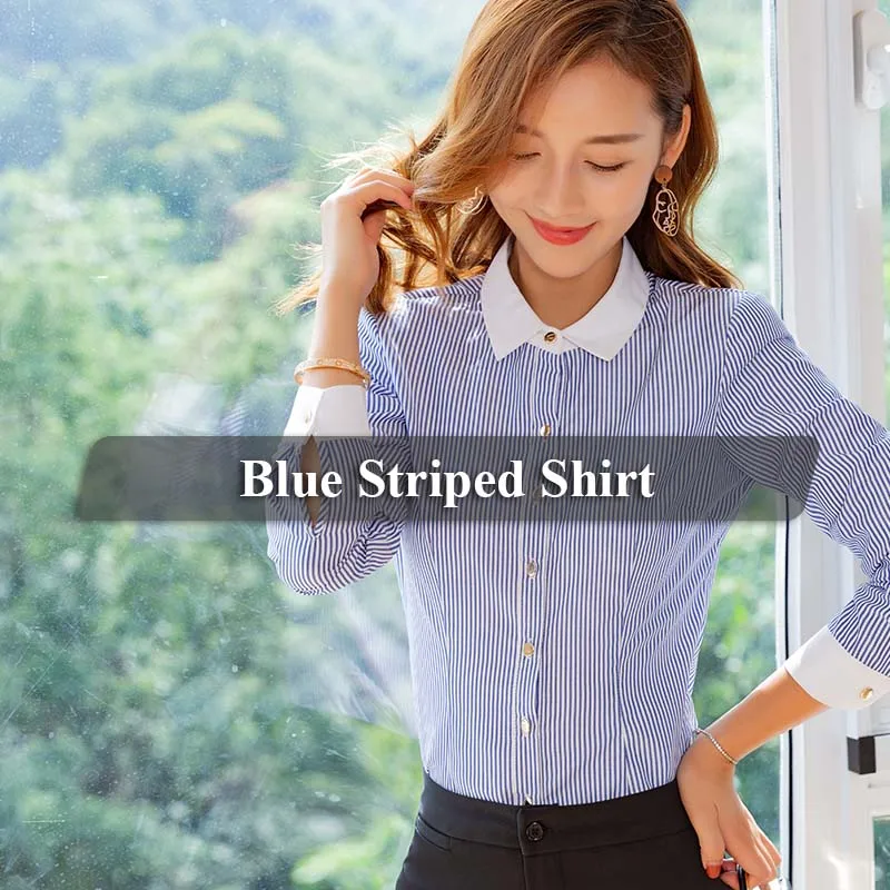 Lenshin синие и белые рубашки в полоску для женщин блузка с длинными рукавами рабочая одежда офисные женские топы сорочка контрастный воротник - Цвет: Blue stripes