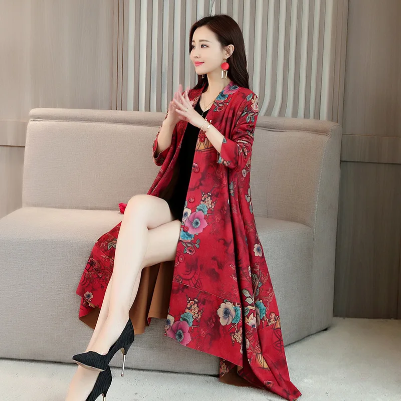 

2018 Autumn And Winter New Style Suede Printed Mid-length Loose-Fit Trench Coat