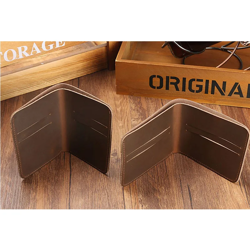 Vintage Mens Crazy Horse Credit Card Holder Wallet Front Pocket Bifold Short Billfold Business Genuine Leather Brief Male Wallet