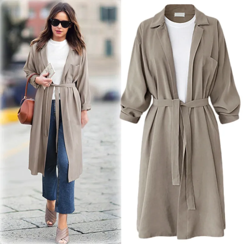 

Women's Windbreaker 2019 Autumn and Winter New Women's Solid Color Large Size Long Trench Coat