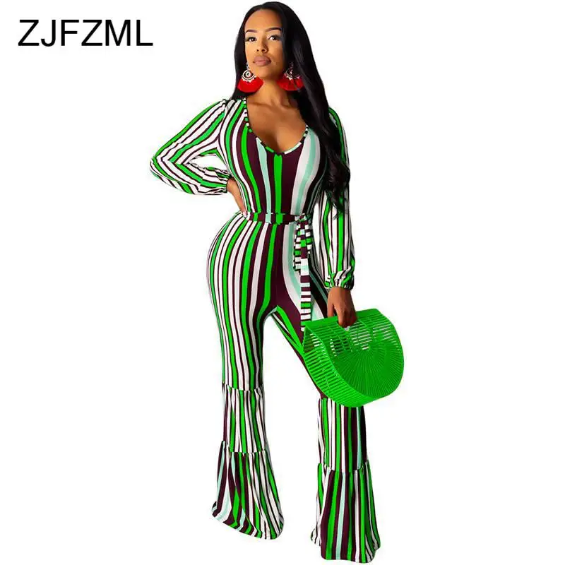 

Striped Sexy Party Bell Bottom Jumpsuits for Women V Neck Long Sleeve Bodycon Plus Size Bodysuit Autumn Ladies Tie Up Romper