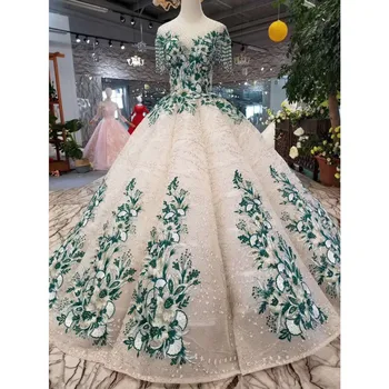 

BGW 22520ht Floor Length Evening Dress Long O-neck Tassel Short Sleeve Prom Dresses Green Lace Open Back Ball Party Dress Pleat