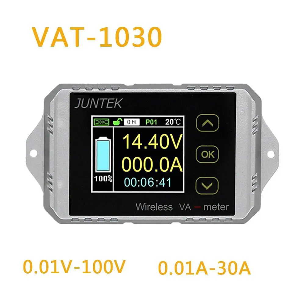 

Juntek VAT1030 Wireless Voltage Current Meter 100V 30A Car Battery Monitoring 12V 24V 48V Battery Coulomb Counter VA Meter