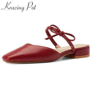 

Krazing pot 2020 full grain leather square toe low heel butterfly-knot Korean street beauty lady dating fashion women pumps L82